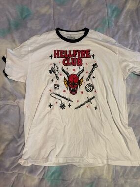 Hot Topic White Ringer Tee with Red, Black and Yellow Hellfire Club Graphic